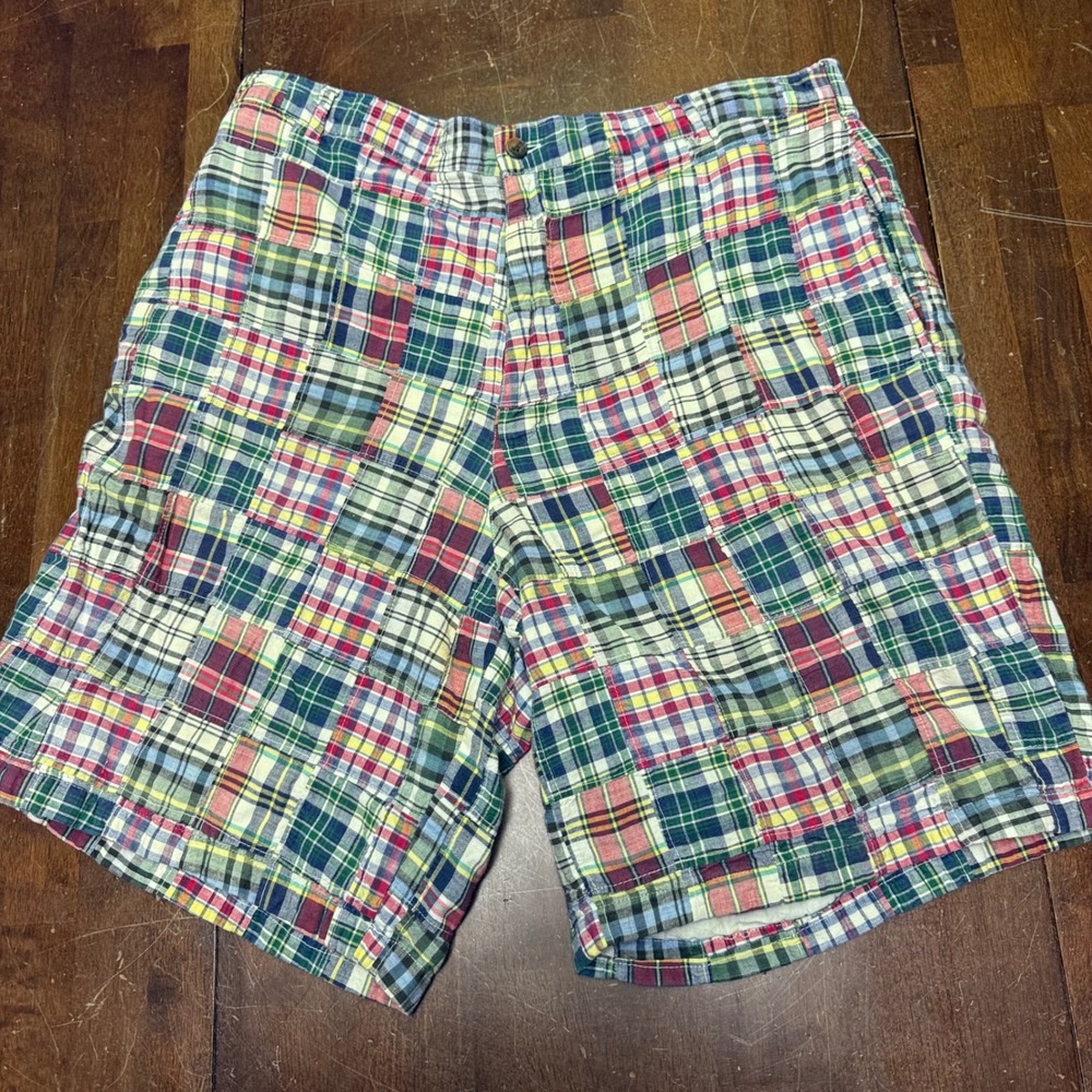 J.Crew Patchwork Madras Shorts Mens 35 Multi-Color Plaid Cotton Preppy